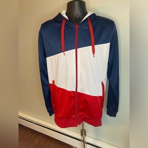 Red, white, and blue zip up hoodie. Size: Large